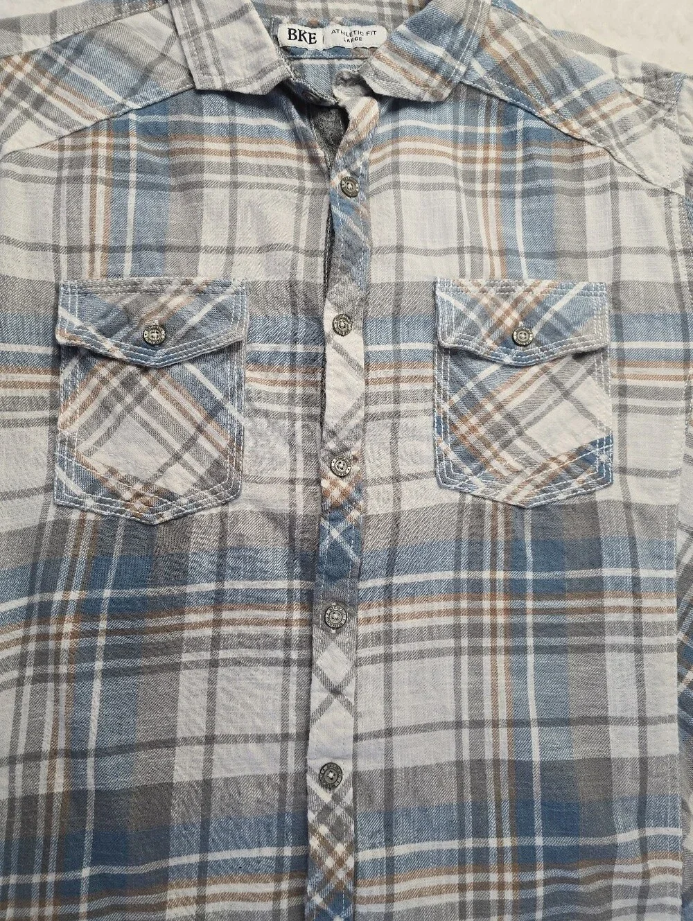 BKE Plaid Button-up Shirt Blue Gray Flannel Cotton Athletic Fit Western L